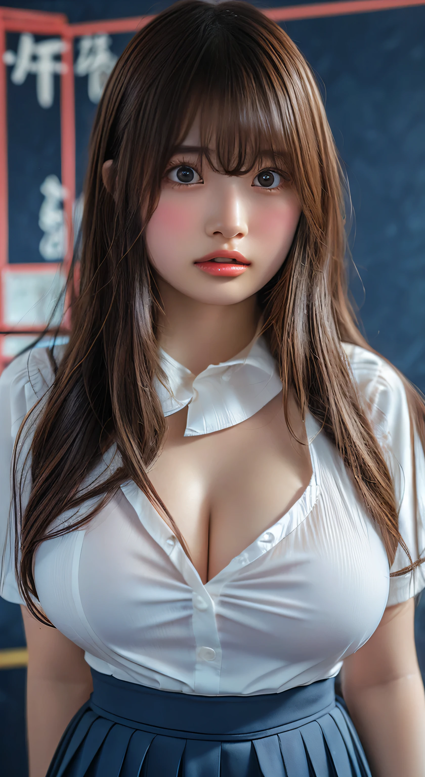 (Highest quality、Tabletop、、Best image quality、Award-winning works)、Extremely cute high school girl、けたWhite polyester collared shirt、Short sleeve:1.4)、(Navy Pleated Skirt:1.1)、Girl portrait photography、Glowing Skin、Brown Hair、Are standing、View your viewers、Indecent random poses、(Classroom Background:1.45)、(Very large breasts:1.8)、Accentuate your body lines:1.25)、Very large red ribbon tie、Very long hair:1.75、((Pornographic magazines and video shoots for adult men))