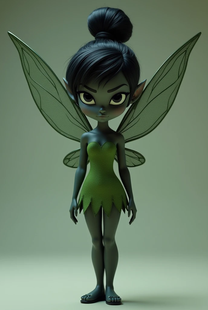pixar image, Tinkerbell just like the Disney original, but with black hair, eyes black, black skin color , original green clothes , hair tied up like real hair, cloused mouth, image showing Tinkerbell's entire body from head to toe, looking forward, withe wings