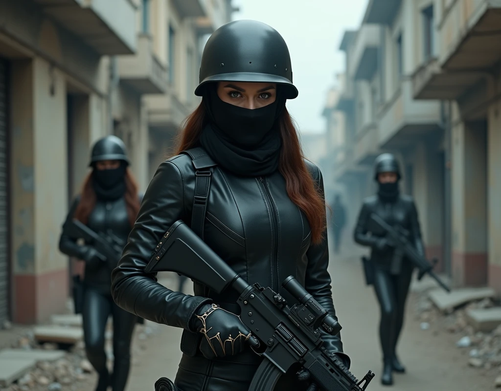 Aishwarya Rai as Russian soldier, wearing wearing leather suit, wearing full face scarf, wearing gloves and helmet, in urban area, using silenced rifle, distant view, diagonal view, rifle down pose, two female soldiers following,
