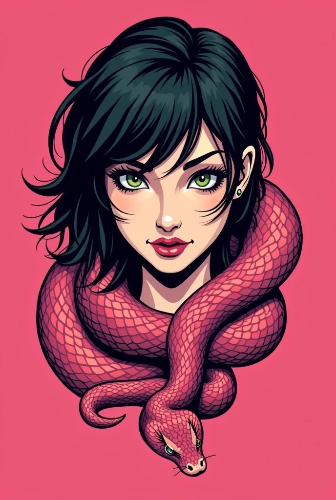 Logo for a business that has the word Profugotattoo with a girl with black hair and green eyes surrounded by a complete pink snake