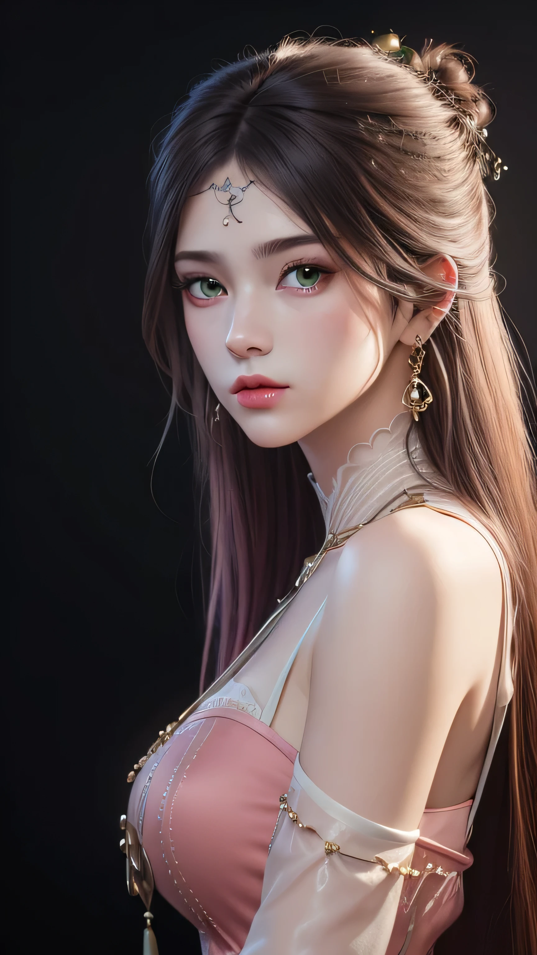 breathtaking jinpinger,1girl,solo,hair ornament,jewelry,earrings,dress,(pink  hair:1), (pink dress:1.4), long hair,green eyes,looking at viewer,bare shoulders,(simple background:1.3),beads,portrait,(black background:1.4),eyeshadow,, best quality , masterpiece, illustration, an extremely delicate and beautiful, extremely detailed ,CG,unity,8k wallpaper, Amazing, finely detail, masterpiece, best quality,official art,extremely detailed CG unity 8k wallpaper,absurdres, incredibly absurdres, huge filesize , ultra-detailed, highres, extremely detailed,beautiful detailed girl, extremely detailed eyes and face, beautiful detailed eyes,light on face, . award-winning, professional, highly detailed