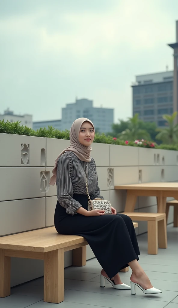 A Potrait Mode young woman wearing a hijab and a striped long-sleeved blouse, sitting on a wooden bench at an outdoor terrace with modern architecture. She has black pants and white high-heeled sandals. She is holding a small patterned bag on her lap and looks relaxed. The terrace is surrounded by a light-colored wall with geometric cutouts, and there are tables and benches around. In the background, there are modern buildings with a minimalistic design and a cloudy sky above. The scene has a calm and serene atmosphere. Detail Realistic With Photografy Style Of Vivid 8K Resolations