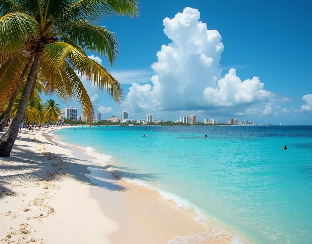 Make an image showing the Caribbean beaches of Cuba plus what stands out the most in the country and the flag in the background. It is better if it is a beach next to a city or Havana and that you can see a lot of Cuba.