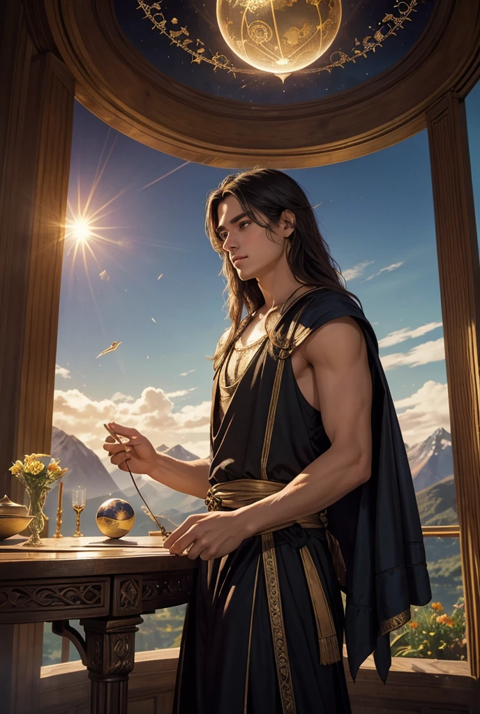 The Magician of Tarot Cards , 2 male, young, beautiful, hair down to his shoulders. Facing forward. Delicate, precise, beautiful, dressed in baroque clothing, cane in right hand, sphere in left, symbol of infinity overhead, mountains and sun in background, flowers on table, in fantasy library, upper body. natural light