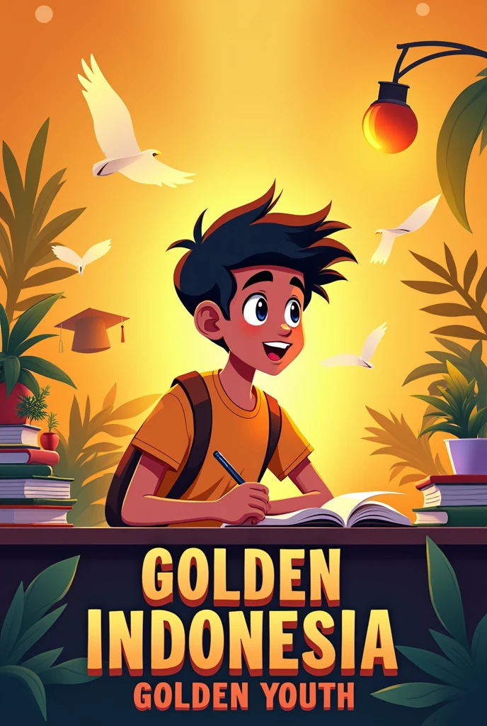 A 2D illustration of a spirited teenager sitting at a desk, deeply engaged in studying, with a determined expression on their face. The background subtly reflects the vibrant and hopeful future of Indonesia, with elements like books, technology, and symbols of education surrounding the teenager, all illuminated with a warm, golden hue. The style is clean and modern, with bold lines and bright colors that convey energy and optimism. The caption "Golden Indonesia, Golden Youth" is placed prominently at the bottom of the image in a strong, contemporary font. The overall mood of the image is inspiring, emphasizing the importance of education and the bright potential of Indonesia's youth.