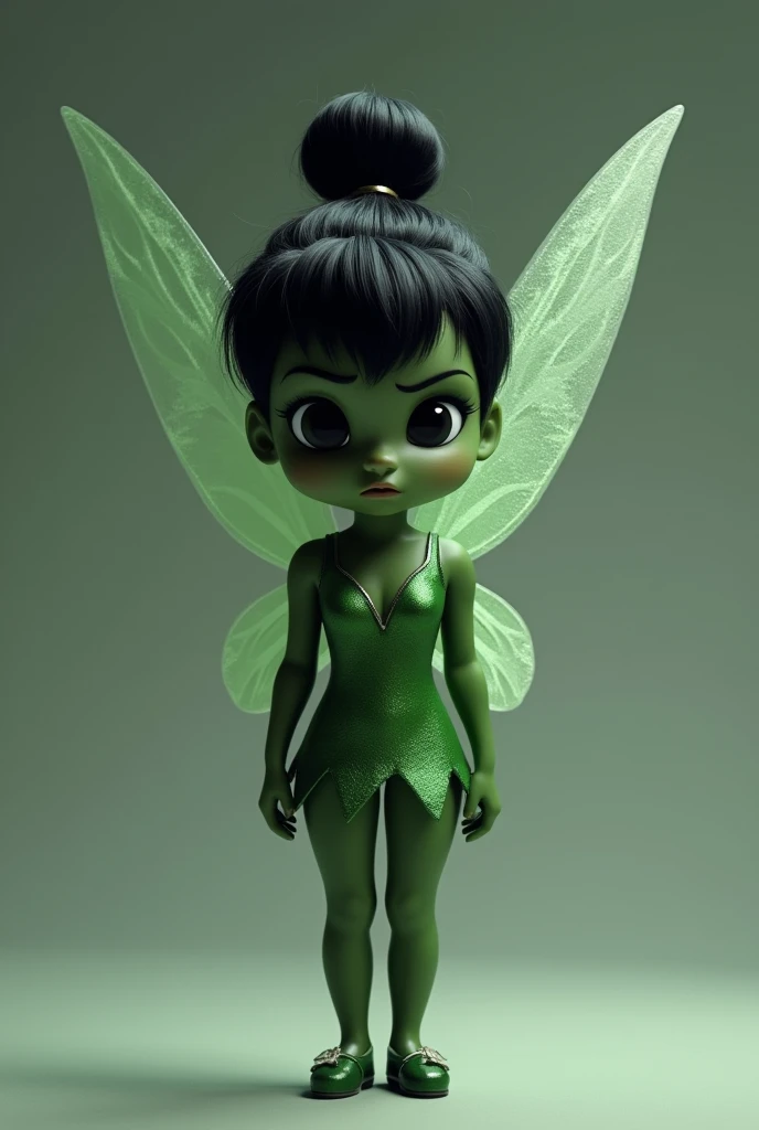 pixar image, Tinkerbell just like the Disney original, but with black hair, eyes black, black skin color , original green clothes , hair tied up like real hair, cloused mouth, image showing Tinkerbell&#39;s entire body from head to toe, looking forward, withe wings 