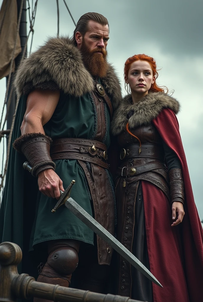 male 2, Cao Cao , viking style ragnar lodbrok muscular body using a viking weapon, lightBrown hair. At his side a 20 year old peasant woman, natural red hair with viking hairstyle, wearing Sansa Stark style clothes He is on a Viking ship Viking King