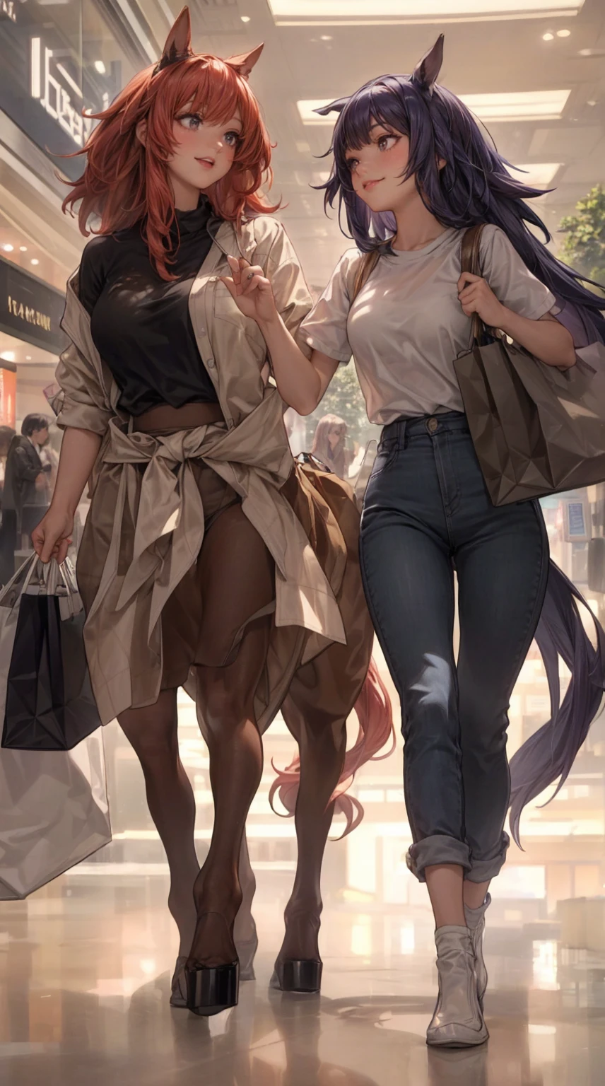 (best quality, photorealistic, ultra-detailed), two female centaurs are walking side by side happily chatting at the shopping mall, wearing casual outing clothes, happy, crowded mall