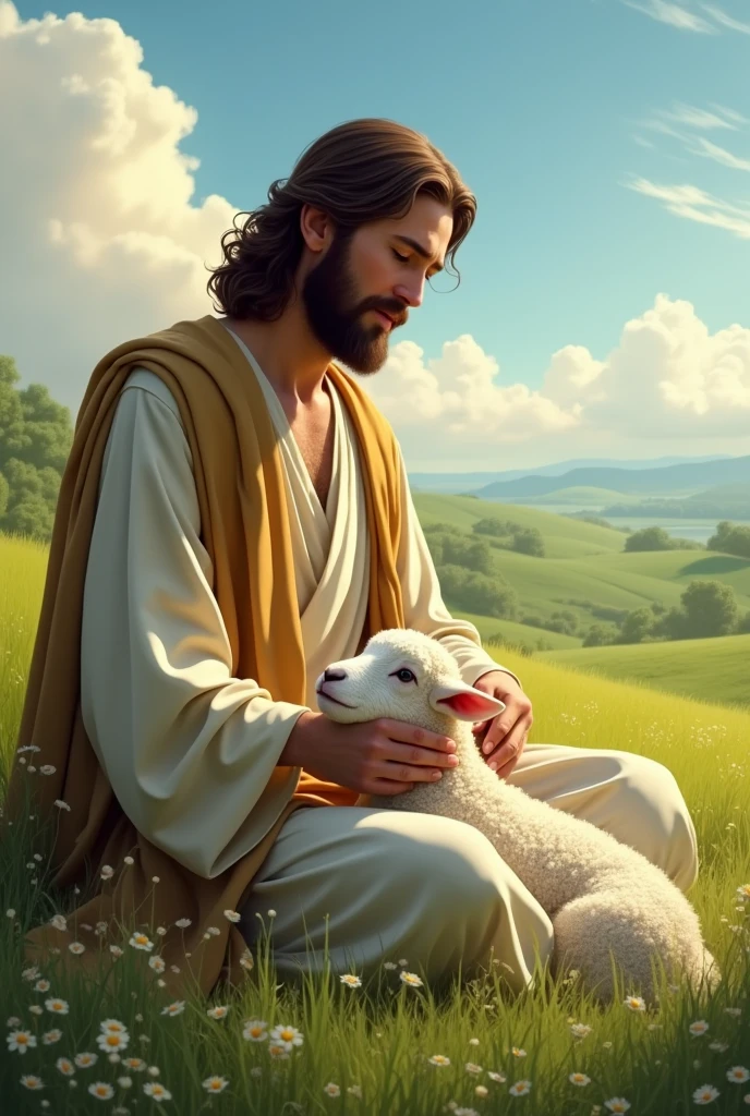 Image of Jesus with a sheep on a green pasture, petting the sheep