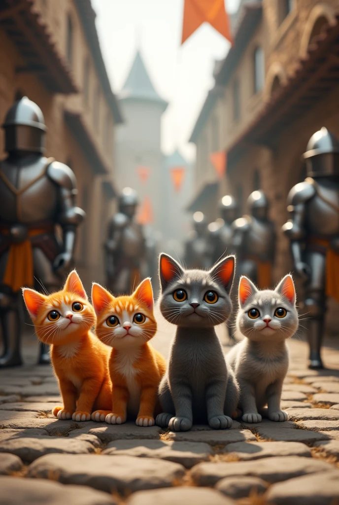 "I want an image of two orange cats and two gray cats that have been transported to the Middle Ages. The cats are in a medieval village, surrounded by stone buildings, knights in armor, and people in period clothing. The cats look surprised and curious as they observe their new surroundings.. The scene should include details such as cobblestone streets., wooden carts and medieval flags hanging from buildings. The lighting should be natural, with the warm light.

