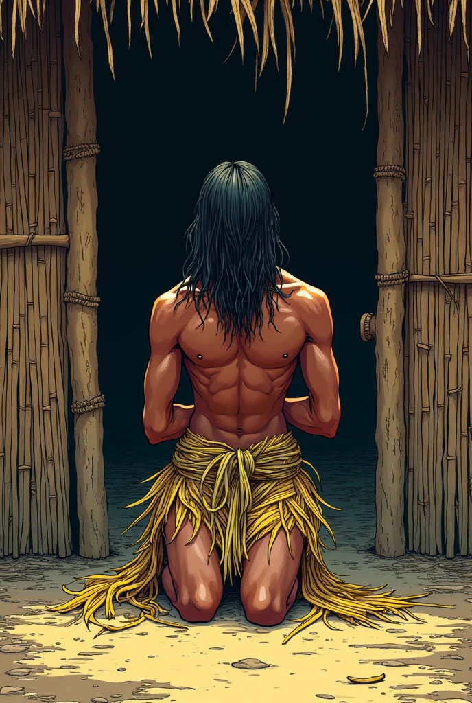 A blind indigenous man with long straight hair dressed in straw and leaves with no upper garment kneeling down saying a prayer, at the door of his house made of straw and bamboo, comic book style. The colors of the scene are vibrant and quite eye-catching..