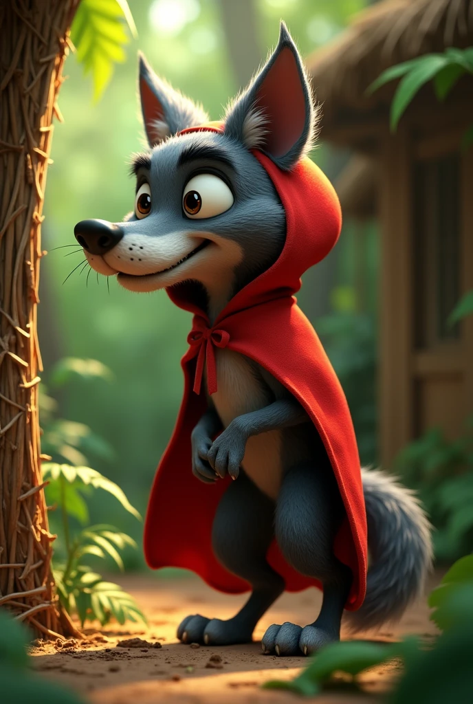 pixar style sideview of a 3D scary cute grey wolf wearing a red cape and a red hoodie with realistic fur 3D illustration, (1male wolf:1.2), (sinister yet playful expression:1.5), dangerously playful, dark humour, wearing a red cape and a red hoodie standing on its too feet like a cartoon character, lean build, (smiling notoriously with expression of plotting something, scheming look, up to no good, mischievous intent, sinister, playful but dangerous, naughty and scary), (realistic fur texture), (jungle background:1.4), standing and knocking the door of a straw house, sunlight filtering through the trees, (soft lighting:1.3), (green and earthy color scheme:1.3), (highly detailed), (ultra quality:1.3), (masterpiece), (digital art), 8K resolution, HDR, depth of field, (soft shadows), (photorealistic:1.3), (animation:1.2), (by Greg Rutkowski:0.9), (in the style of Alphonse Mucha), trending on ArtStation, award-winning art