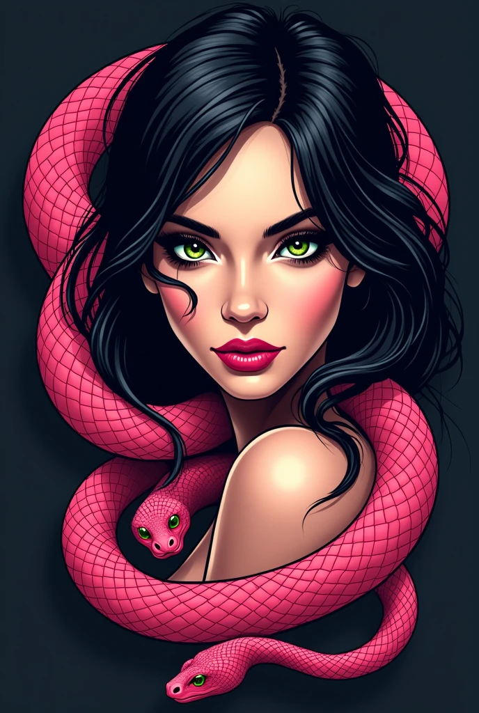 Logo for a business that has the word Profugotattoo with a sexy girl with black hair and green eyes surrounded by a complete pink snake