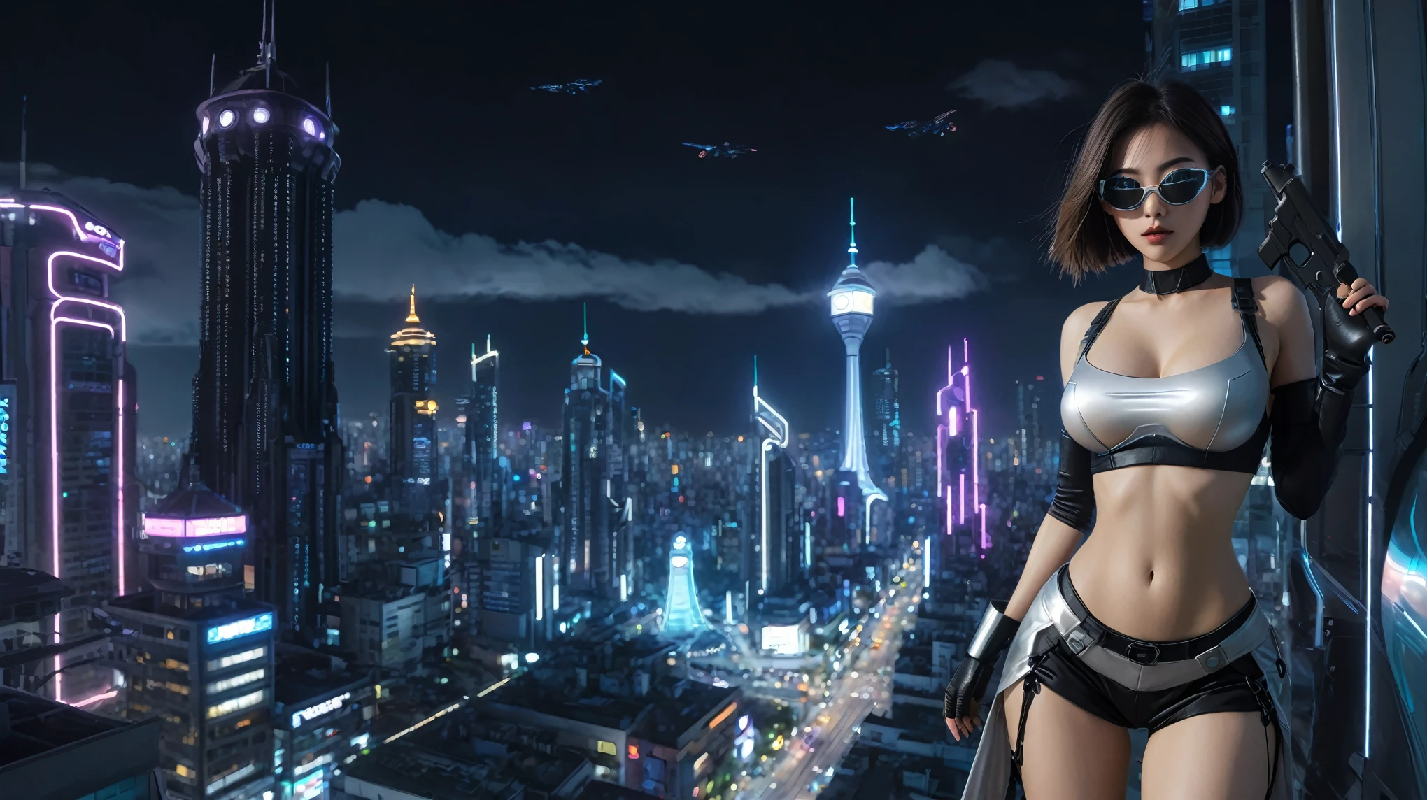 (Wide angle aerial view). At night, simple outlined cyberpunk city, flying cars, glowing ghost-like giant clock tower, lightning, line art background. At night, (1girl, solo, alone), photorealistic, large-breast slim:0.6 body, oval:0.5 face, cleavage:1.1, miniskirt, deep-v, (upskirt), glove, (Matrix style black micro sunglasses), (aiming viewer with a short gun), dynamic running pose, (half-body thigh level close-up shot), cinematic lighting, ray tracing, motion blur background.