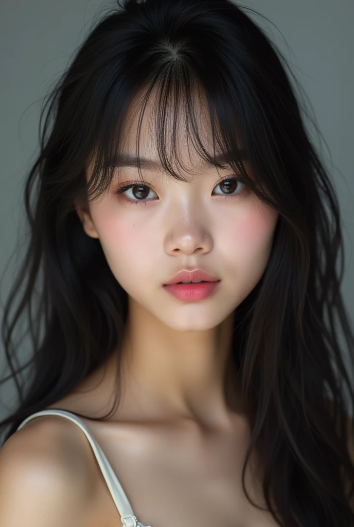 1 girl, pretty, Asian, Youngh, 15year old, long black hair, bangss, mouth drawn and fleshy and pink, small and slightly round nose, striking look, Beautiful eyes, long, curved eyelashes, in a photography studio