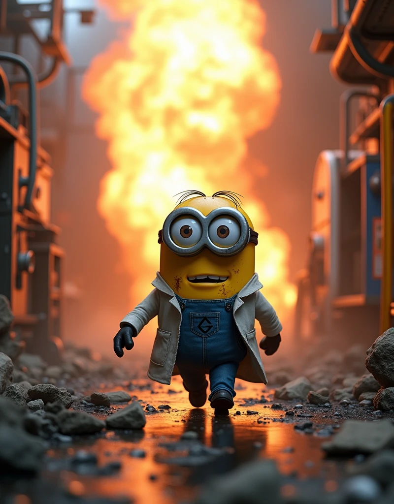 Nhà khoa học Minion Kevin. walk out of the lab explosion fire. The surrounding scene is filled with smoke and debris. Scientists are worth seeing.