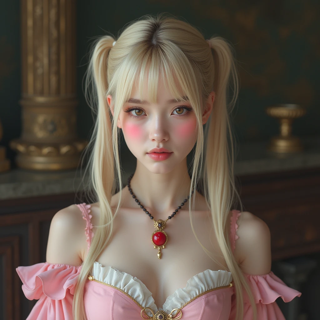 masterpiece、high resolution、8k、Delicate depiction、(((Realistic)))、Realistic、(((photograph)))、(((real Lady)))、young、22years old、White、Blonde Hair、long hair、Twin tails、bangs、(((A third eye is slightly visible on her forehead through the gap in her bangs)))、Brown eyes、Pink lipstick、Pink open chest dress、White fabric on the chest、A fluttering red ornament on the collar、Bust Shot、Inside the castle