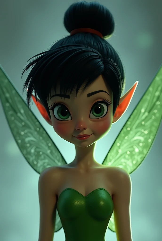 pixar image, Tinkerbell just like the Disney original, but with black hair, eyes black, dark skin color , original green clothes , hair tied up like real hair, cloused mouth, image showing Tinkerbell&#39;s entire body from head to toe, looking forward, withe wings 