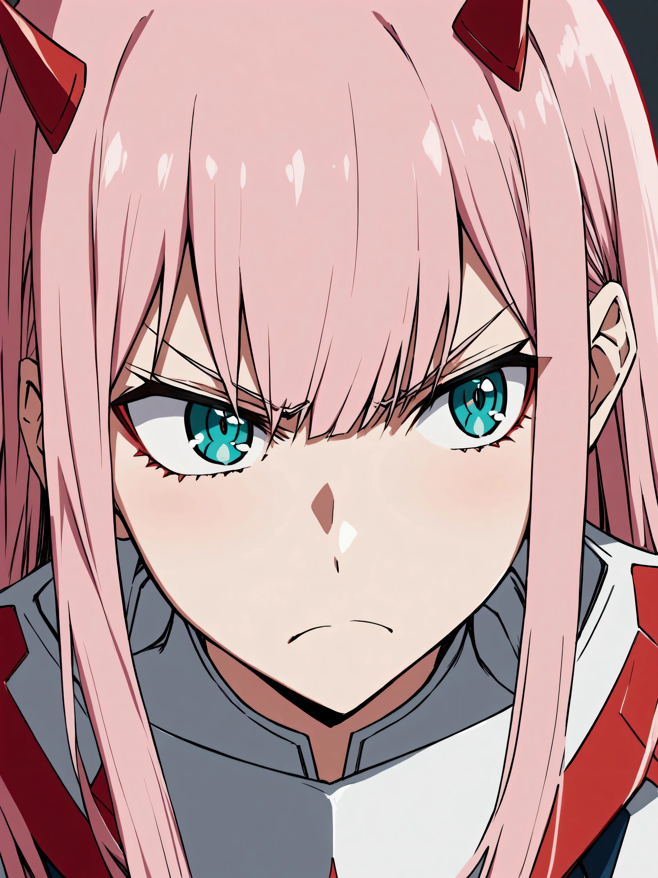 zero two from Darling in the Franxx, angry pose, head shot, aqua eyes,