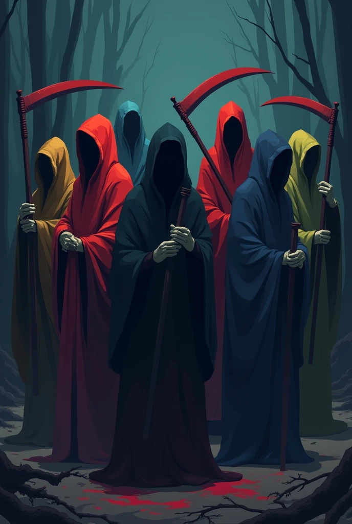 Eight faceless and differently colored grim reapers in 2D mode, each wielding a scythe