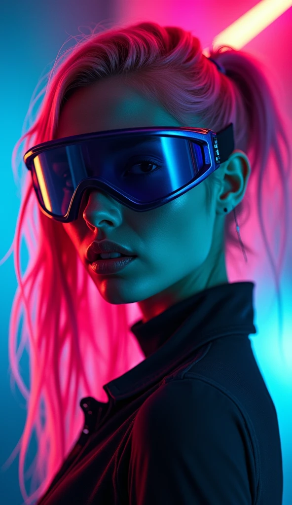 "Striking, neon-infused portrait of a bold, enigmatic female figure, with vibrant, electric-colored hair cascading around her face, adorned with a sleek, futuristic visor, captured in a dramatic, moody lighting setup that enhances the sense of high-tech, cyberpunk-inspired style, highly detailed, atmospheric, digital art."
This captivating image presents a compelling, visually striking depiction of a bold, enigmatic female figure. Her hair, dyed in a vivid, electric color palette, frames her face dramatically, while the sleek, futuristic visor she wears lends an air of mystery and high-tech sensibility. The moody, neon-infused lighting setup enhances the cyberpunk-inspired aesthetic, creating a dynamic, atmospheric environment that immerses the viewer in this visionary, digitally rendered scene.