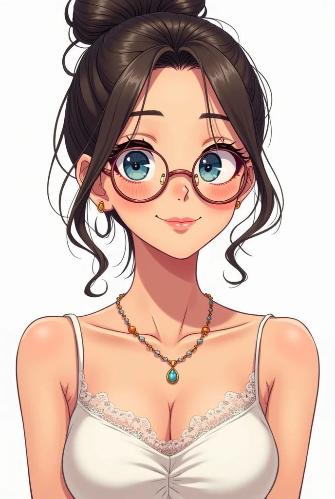 Style manga, une femme de 38 ans seule, elle a un chignon, cheveux châtains foncés,  ses sont yeux bleus, levres pleines, elle sourit ,piercing au nez, lunettes couleur cuivre arrondies, haut bustier blanc avec dentelle sur epaules. Collier doré et boucles d'oreilles dorées 