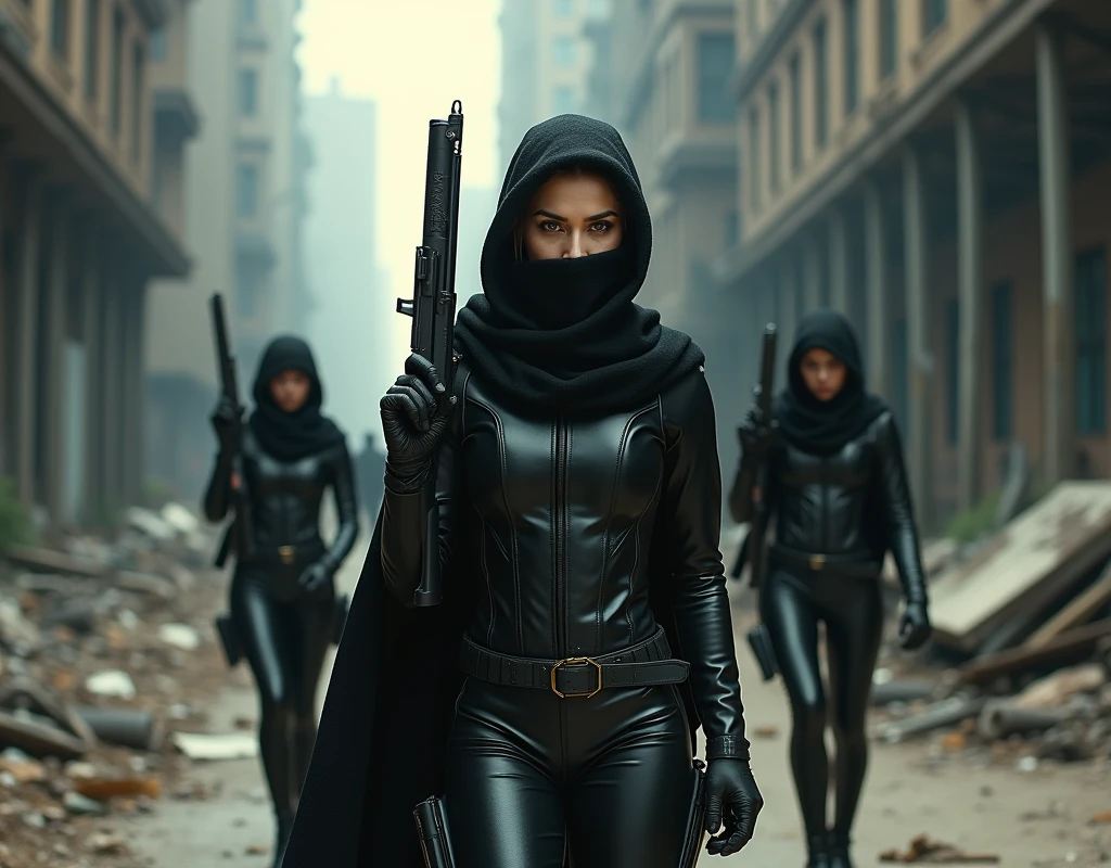 Aishwarya Rai as Russian soldier, wearing wearing leather suit, wearing full face scarf, wearing gloves and helmet, in urban area, using silenced rifle, distant view, diagonal view, rifle up pose, two female soldiers following,