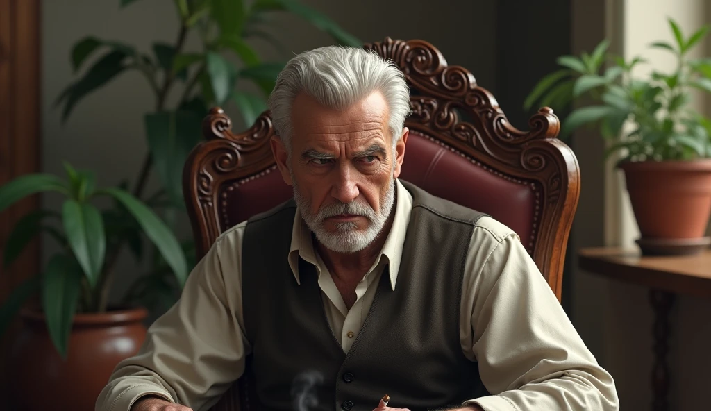 The elderly man has a stern, intense expression, with furrowed brows and a focused gaze. His eyes are directed forward, likely engaged in a serious or contemplative conversation.
He is wearing a white shirt, and his hair is neatly combed back. A light puff of smoke emanates from the cigarette he holds in his right hand, indicating he has just taken a drag.
His demeanor suggests a sense of authority or power, possibly someone who is used to being in control. The chair he is sitting in has an intricate wooden design, featuring ornate carvings that add a traditional or luxurious touch to the setting.
There are potted plants in the blurred background, hinting at a well-decorated indoor space with some natural elements.