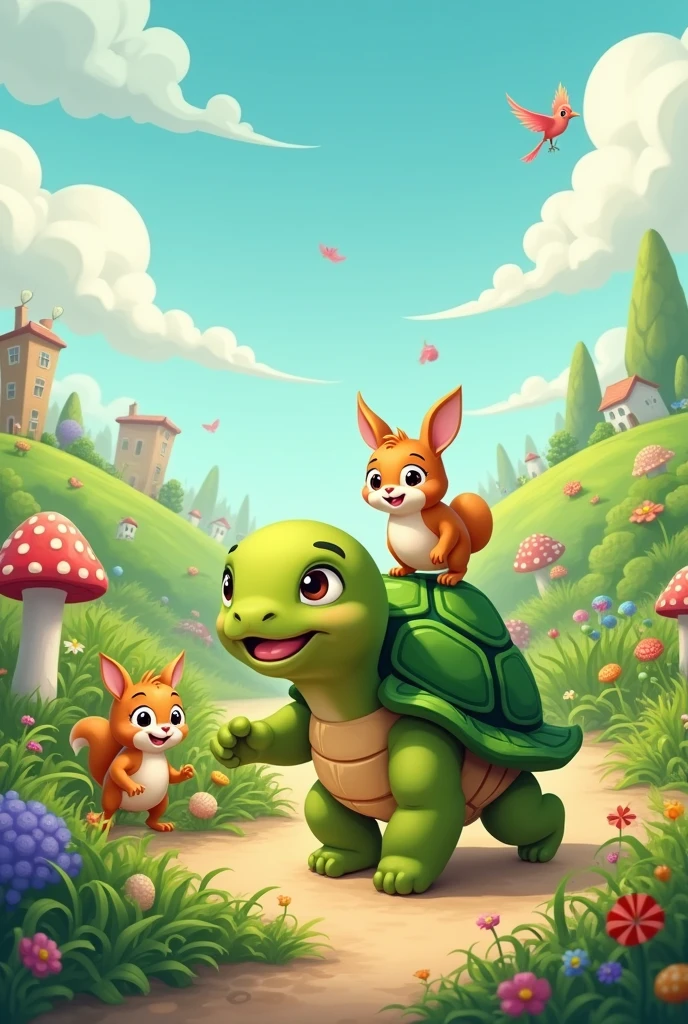 A turtle friend to other animals in 2d cartoon