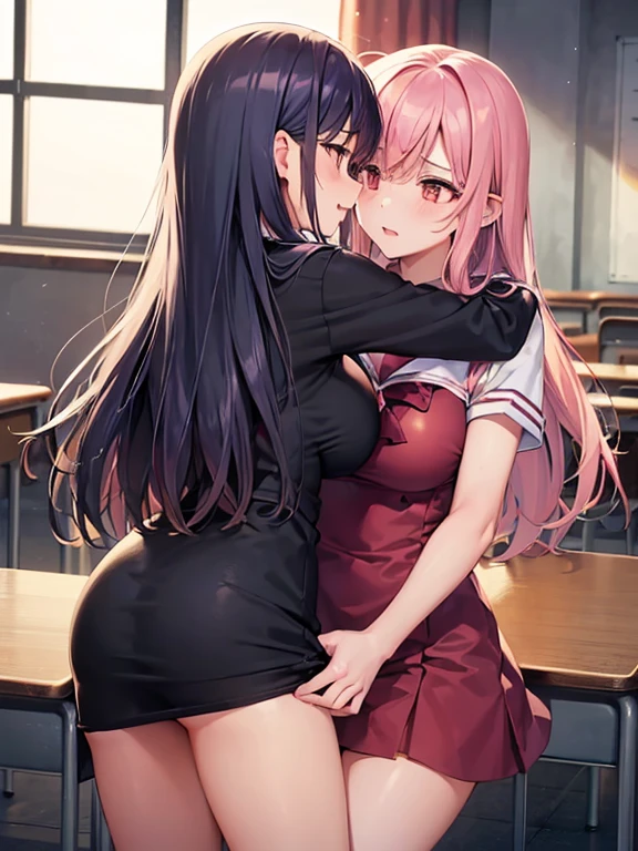 ((2girl),(yuri)), (masterpiece, best quality), High resolution, Very detailed,4K,8k, ((Anatomically correct number of limbs),(Anatomically correct number of fingers)), (Pink long hair,Sharp Eyes), (Pink short hair,Side Tai), (big breasts),(black sailor dress), They are hugging each other, ((gazed at each other)),(orgasm), (spoken heart),((classroom),(twilight sky))