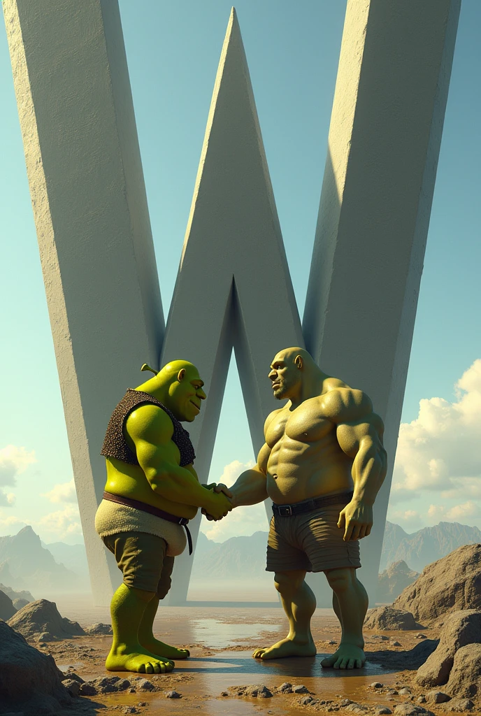 Shrek et Gigachad qui se serre la main et regarde un W immense