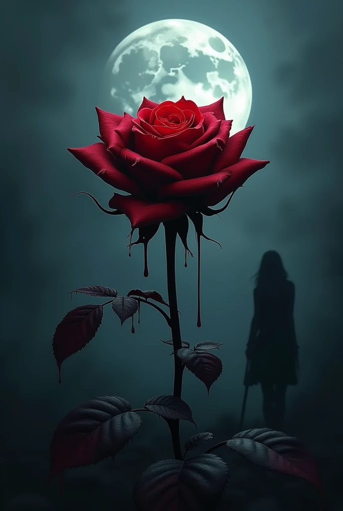 Background: A deep, ominous night sky with a large, full moon casting a cold, silvery light.
A single, large, dark red rose in the foreground, with petals that gradually turn black at the edges.
Dark, almost black streaks of blood flowing from the rose, blending into the background, giving an impression of coldness and darkness.
The moon is high and prominent in the sky, illuminating the scene with a soft, eerie glow.
A shadowy, mysterious woman, possibly holding a sword or a weapon, standing in the background or partially emerging from the darkness, symbolizing the coming war.