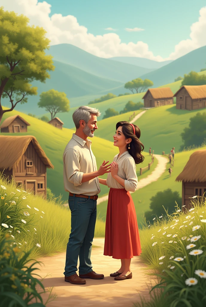 A husband talk to wife and background view village plot