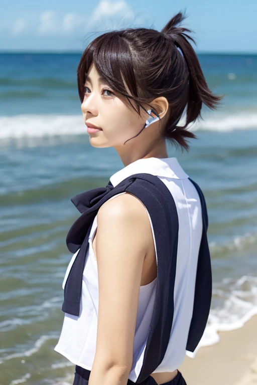 1Adultwomen,beach,mediumbluehear,tie hair back,Whole body,Sleeveless,walking,[AnimeStyle],BigEye,Fluttering in the wind