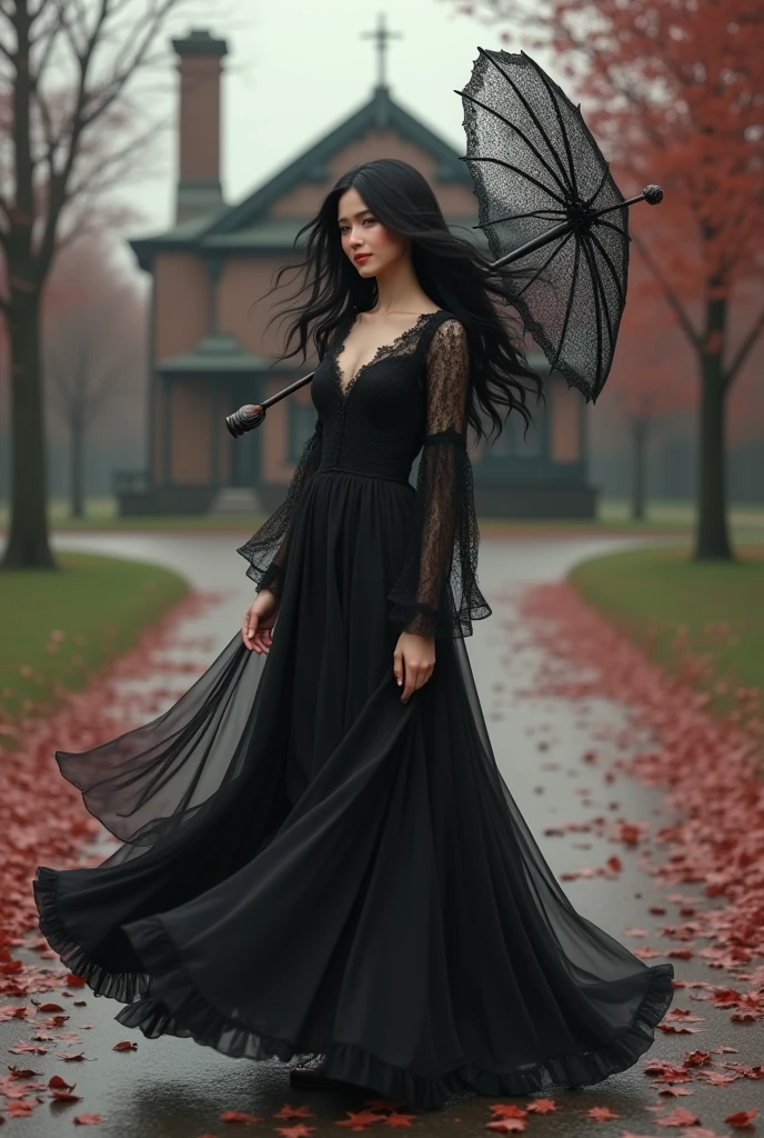 a beautiful adult girl, with black hair, was alone smiling, wearing a long Dutch noni dress like black flowing water, wearing beautiful lace with umbrella sleeves and lacy shoes, while at the train station, a classic and antique heritage from England, there was a chimney. thick, while holding a lacy patterned umbrella, there are trees around it with red fallen leaves, and many are scattered on the ground or floor while smiling