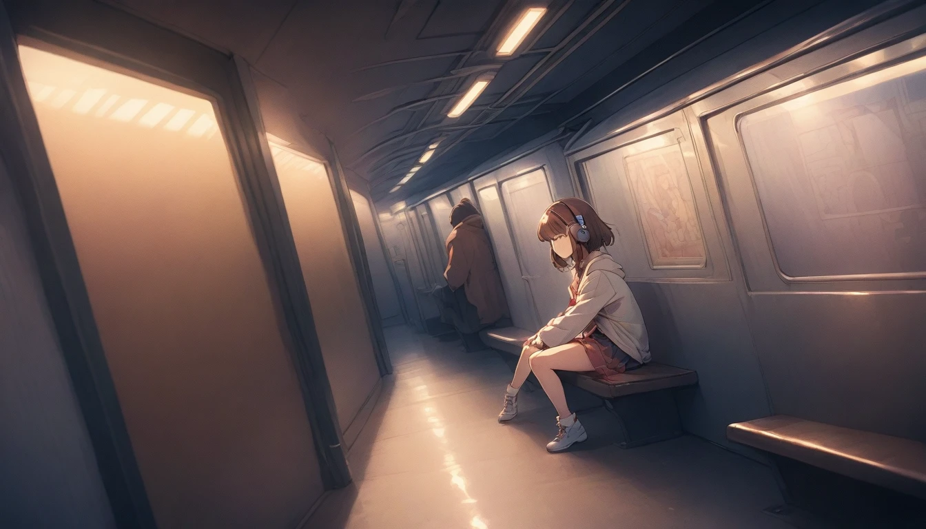 Ultra high resolution, pulling shooting, pulling composition, wide angle, 90s retro style, short-haired woman with brown hair dull bangs is sitting on a bench on a subway platform where the train is not coming, drawing a woman in the center small
Listening to music with your eyes closed and headphones on, advertising backgrounds on the wall, moody lighting, scenes shooting from the platform opposite, wide-angle shooting, high-contrast lighting,