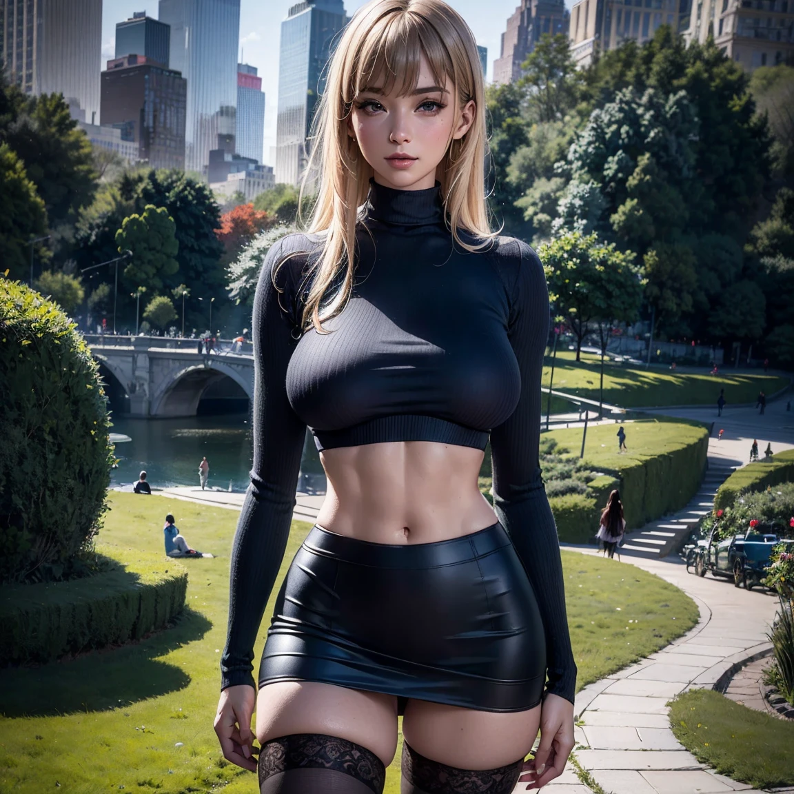 cinto de ouro grasso na cintura ((master piece)), RAW photo, ((extremly detailed)), ultra-high quality, ultra-high detail, ultra-high realistic, rendering high realistic, best quality, charm, (((1girl))), ((solo)), beautiful, the best lighting, muscular, Mature woman, perfect body, looks at the viewer, Maternal, shiny skin, oiled skin, seductive, sexy smile, little smile, big breast, huge breast, large breast, ((blue eyes)), ((blonde long straight hair with bangs)), ((sweater crop top turtleneck long sleeves and sweater mini skirt, wearing blue sweater crop top and black sweater mini skirt)), ((black stocking lace)), morning, outdoor, ((central prak)), ((beautiful central park)), realistic central park, detail background, ultra detail, 8K, high ((realistic, photo realistic)), high resolution, the best resolution, detail hands, detail face, detail anatomy, detail body, (high detail), detail arms, detail fingers, detail nails, detail legs, the best proportions, (detail intricated), portrait, the best pictures, hdr, dslr, fix, fit, full color, realistic, ((photorealistic)), enhance, detail pose, perfect pose, the best proportion pose, soft light, natural light, detailed light, Professional, Amazing, slender, narrow waist, thighhighs, ((from front)), cowboy shot, vivid, realistic visual, the best visual, realistic pose, (((standing))), detail all textures, realistic all textures, bright colors, ((sexy pose)), sexy pose