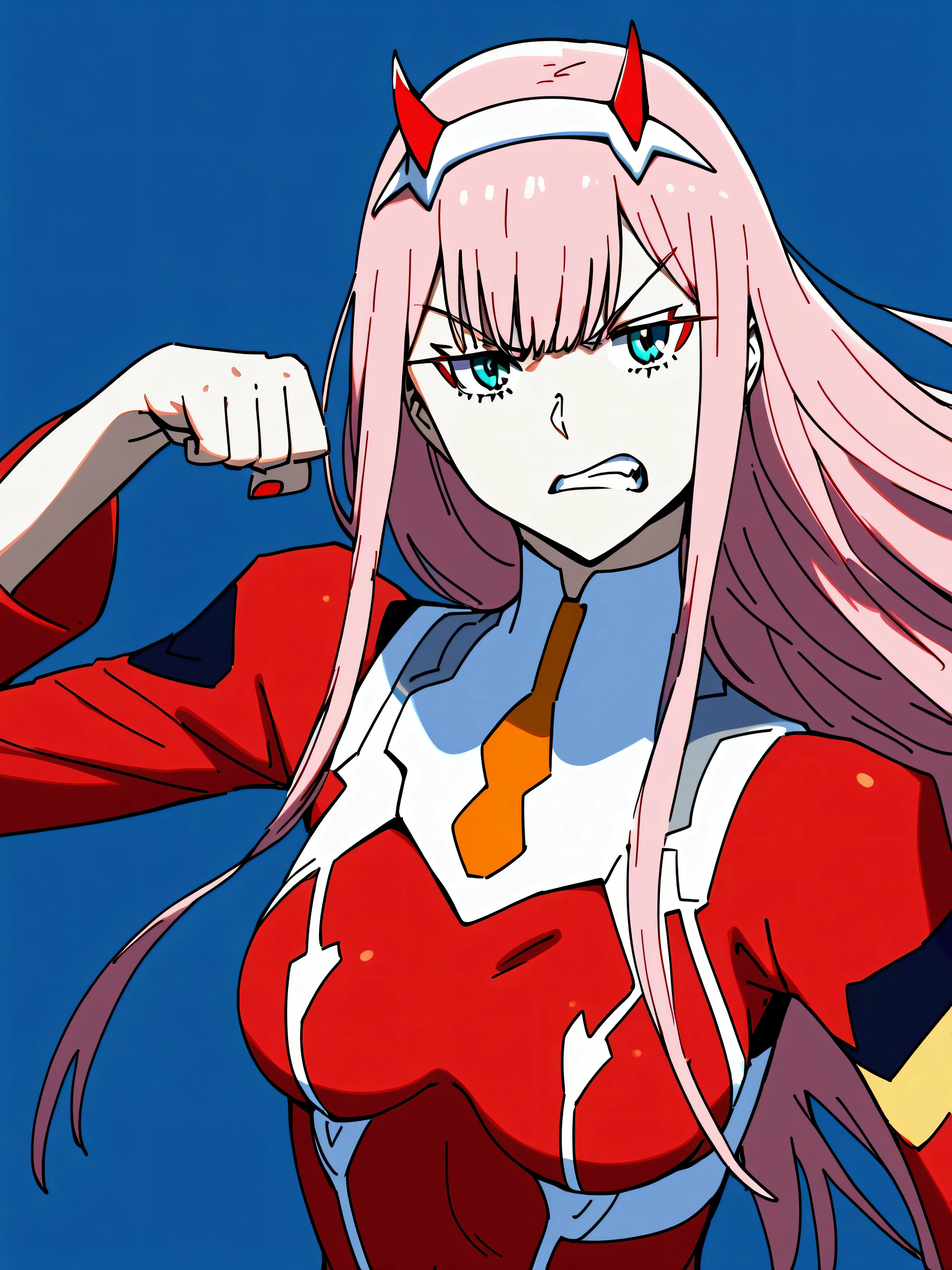 zero two from Darling in the Franxx, angry pose, head shot