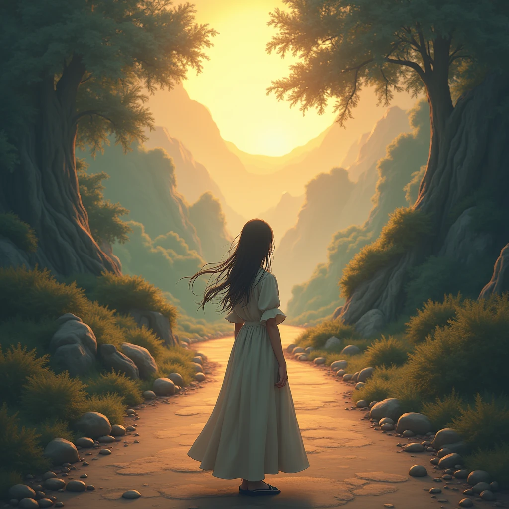 One girl, solo, High resolution, Gaze, Crossroads of Fate、The road splits into two、Right and left、YStand at a crossroads、The bright road to the right、The dark road to the left、High resolution, masterpiece, detail, 高いdetail, Highest quality, High-resolution model, Very detailed, Illustration, 8k octane, Anime Style, Renaissance, Soft Light,