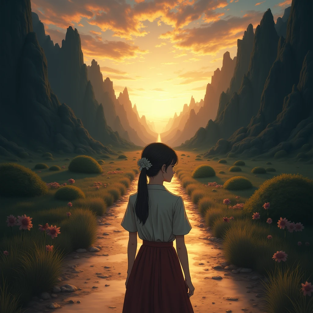 One girl, solo, High resolution, Gaze, Crossroads of Fate、The road splits into two、Right and left、YStand at a crossroads、The bright road to the right、The dark road to the left、High resolution, masterpiece, detail, 高いdetail, Highest quality, High-resolution model, Very detailed, Illustration, 8k octane, Anime Style, Renaissance, Soft Light,