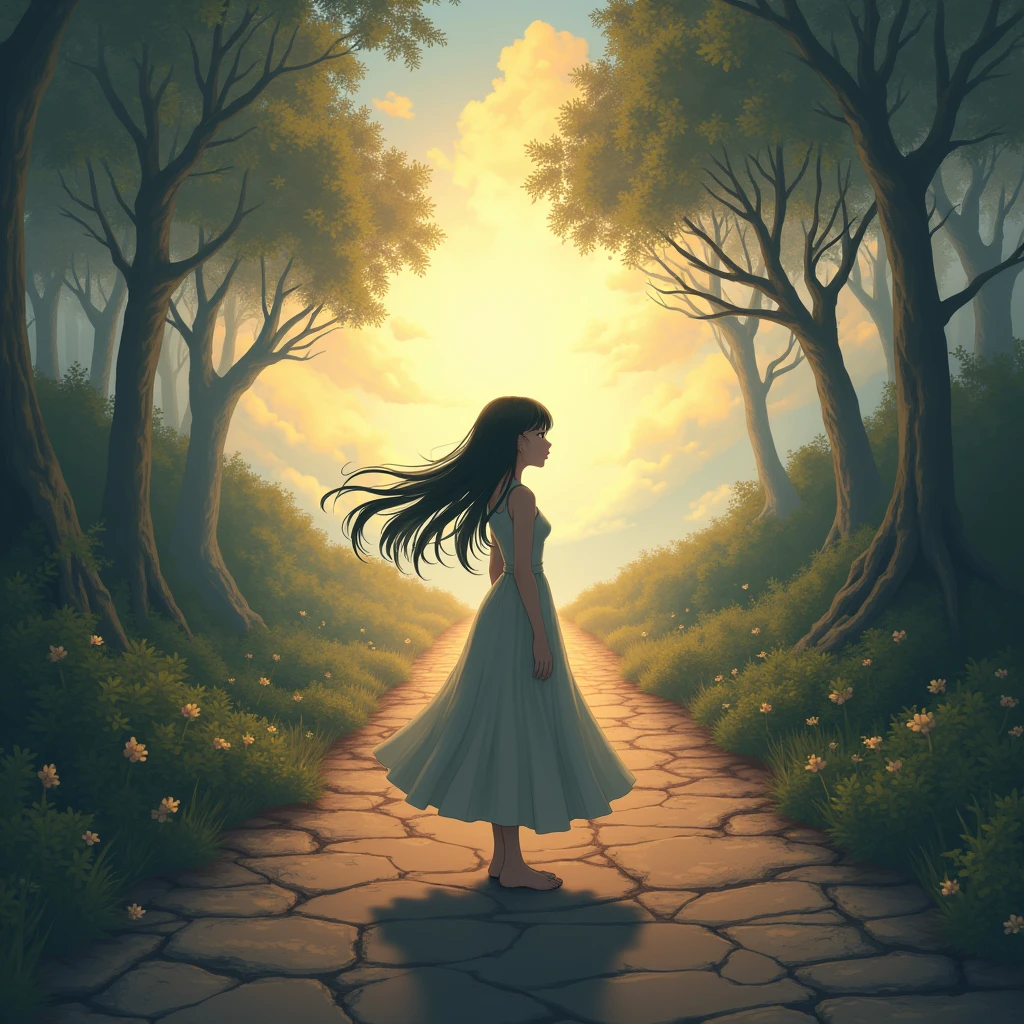 One girl, solo, High resolution, Gaze, Crossroads of Fate、The road splits into two、Right and left、YStand at a crossroads、The bright road to the right、The dark road to the left、High resolution, masterpiece, detail, 高いdetail, Highest quality, High-resolution model, Very detailed, Illustration, 8k octane, Anime Style, Renaissance, Soft Light,
