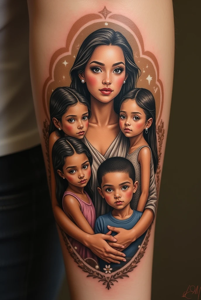 Tattoo of a woman with 3 daughters and a son