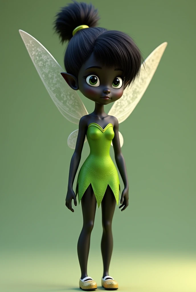pixar image, Tinkerbell just like the Disney original, but with black hair, black eyes black skin, original green clothes , hair tied up like real hair, cloused mouth, image showing Tinkerbell's entire body from head to toe, looking forward, withe wings
