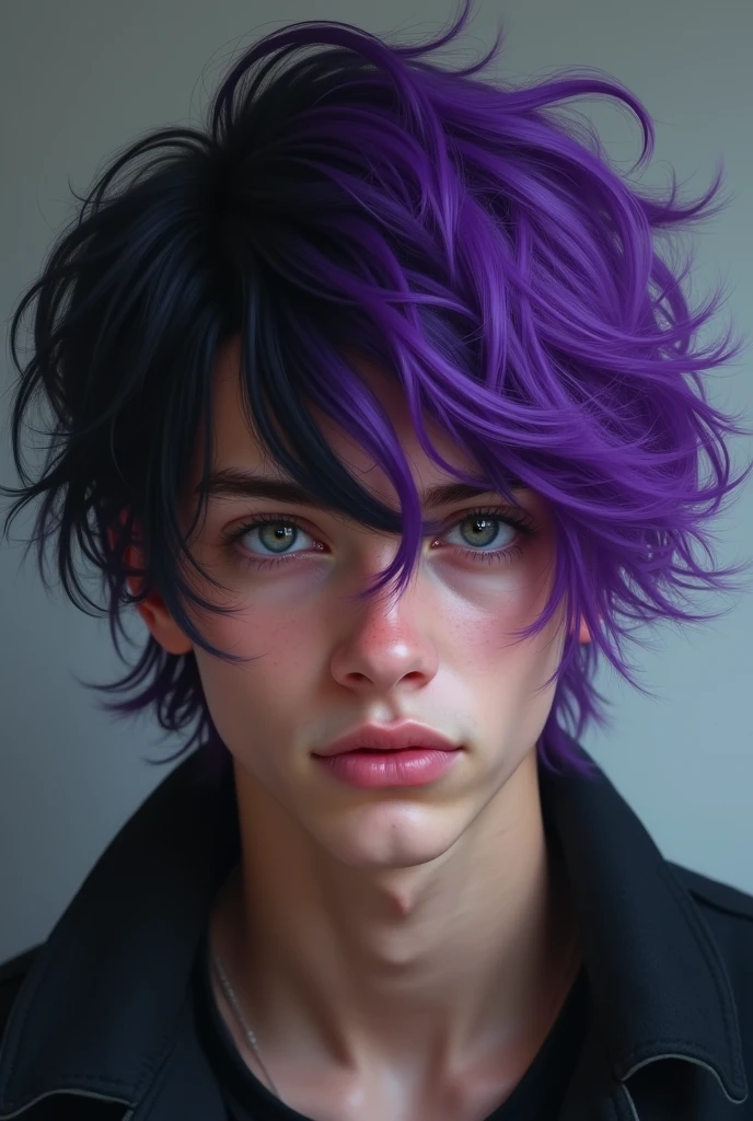 Young man with half black and half purple hair and gray eyes