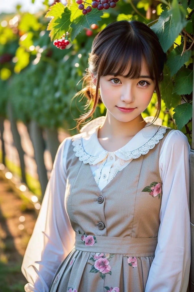 (masterpiece, ultra-detailed, ultra-realistic, best quality, clear focus, photorealistic), (ultra-high resolution, 8k:1.3), cinematic color-grading film, dramatic scenes, shadow, global-illumination, perfect anatomy, (perfect face), (ultra-detailed face, detailed eye:1.3), (Japanese active country girl:1.2), (bad girl but farmer:1.2), professional light, (very beautiful with very cute but cool Japanese face:1.1), (amazing view of vineyard:1.2), harvesting grapes, (wearing a very cute farmer's outfits:1.2), slim waist, very large breasts, face focus, beautiful anime-character-like floral patterned eyes,