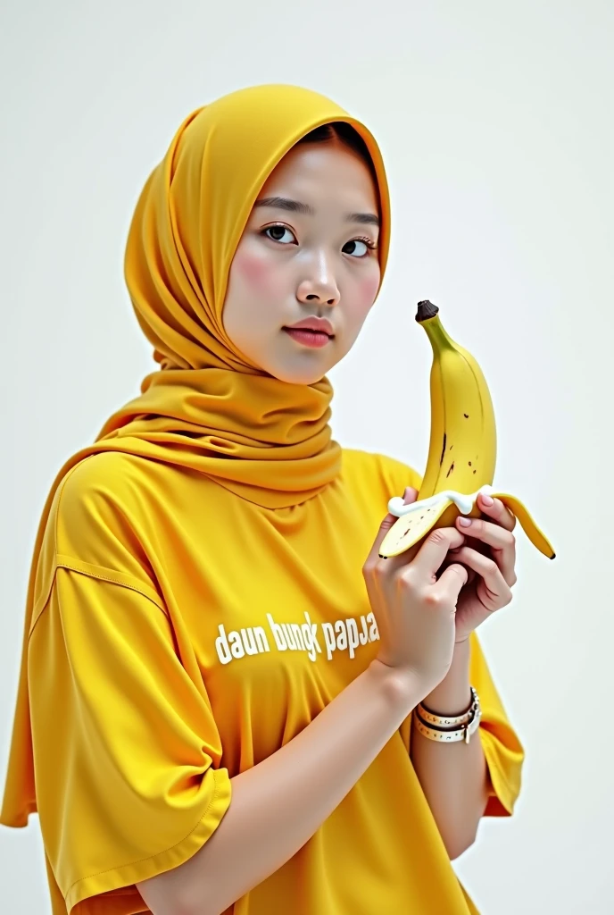 beautiful Korean woman wearing a hijab, wearing a yellow crop top t-shirt that says DAUN BUNGKUS PAPUA, holding a large and long banana, at the end of the banana there is thick white melted milk, white background