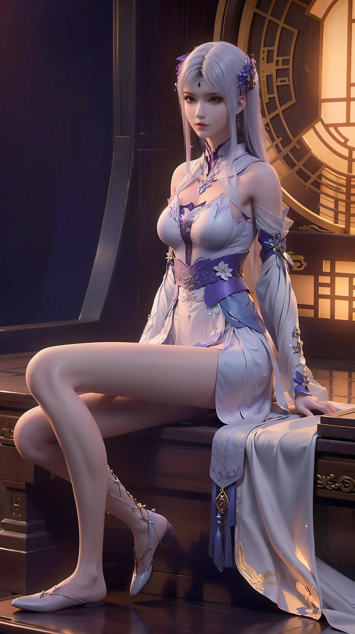 cheongsam,((whole body)), ((Sitting)), ((The hem is long, Sexy long legs)), ((Bare shoulders)),model, Young beautiful girl, Striking an elegant pose, Charming pose, Heat and cold, Beautiful and delicate eyes, Full breasts, slim body, Features, masterpiece, best quality, official art, Rich details, Clear face, Professional lighting, Physically based rendering, Necklace, Light makeup,Starry sky background,Sitting on the stars