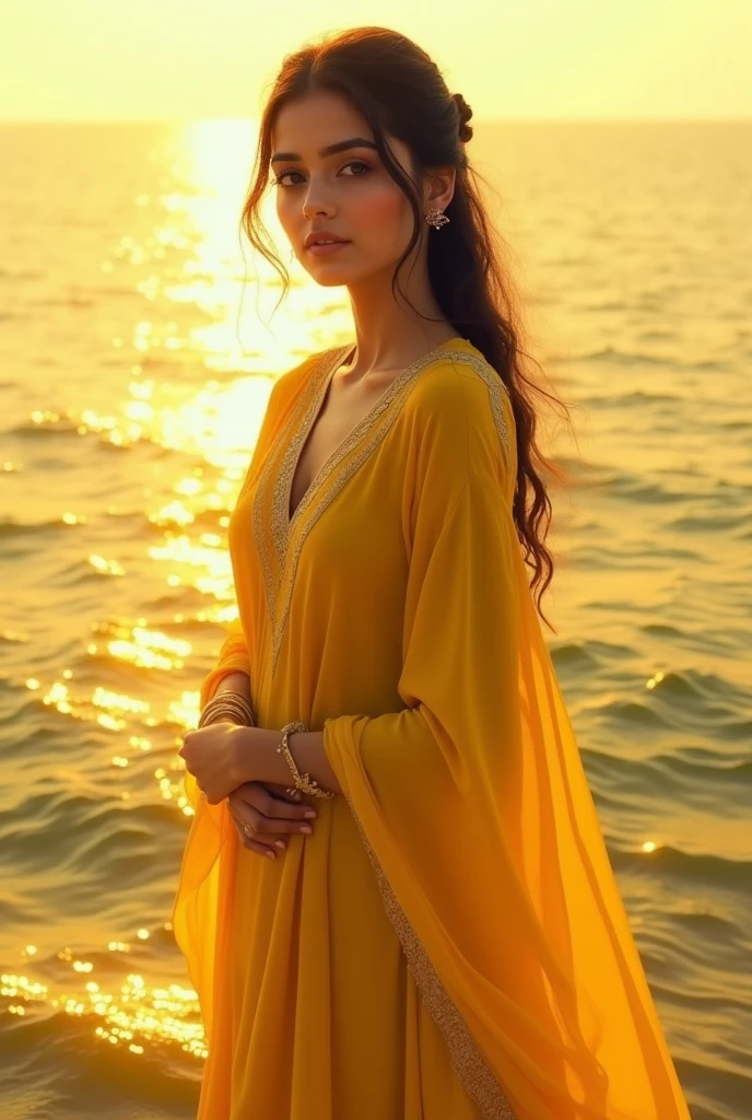 A women in yellow sea throw shalwar kameez with light brown boobs nipples 