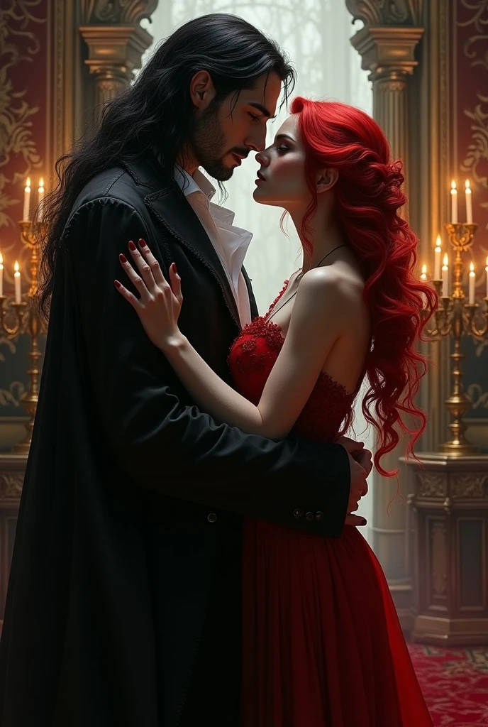 A vampire lord with long black hair and a red haired woman, hugging.