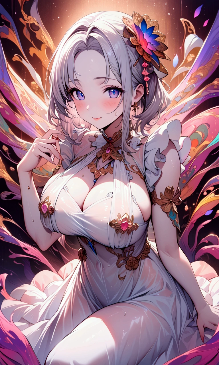 (((masterpiece))),((Highest quality)),one woman,30-year-old woman,Beautiful girl, bangs、Translucent white skin, Sparkling sweat, (Adorable dress with detailed ruffles:1.3)、Japanese girl、 Beautiful digital artwork, Beautiful fantasy art, dynamic sexy poses, A kind smile, A gentle gaze, {A mysterious aura},Big Breasts